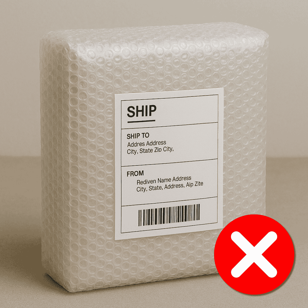 Item wrapped with bubble wrap as outer packaging with a shipping label